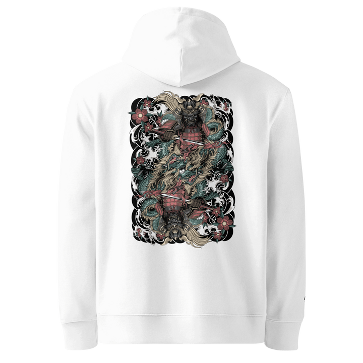 Clouded Ronin Card Shaper Graphic Hoodie in White, showcasing a mirrored samurai and dragon design surrounded by clouds