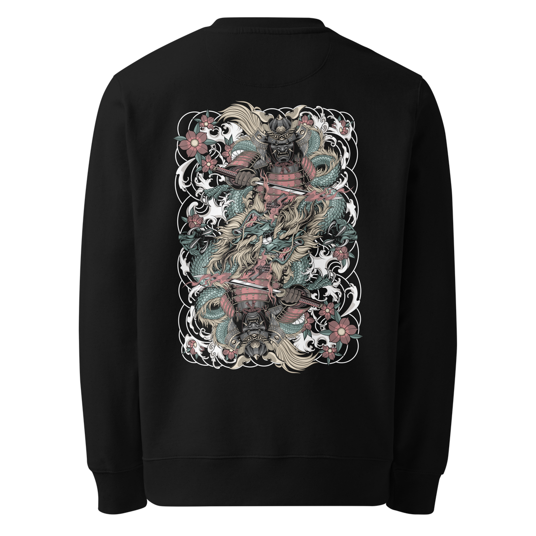 Black Clouded Ronin Card Shaper Graphic Sweatshirt with large back print of samurai and dragon, Irezumi-inspired streetwear.