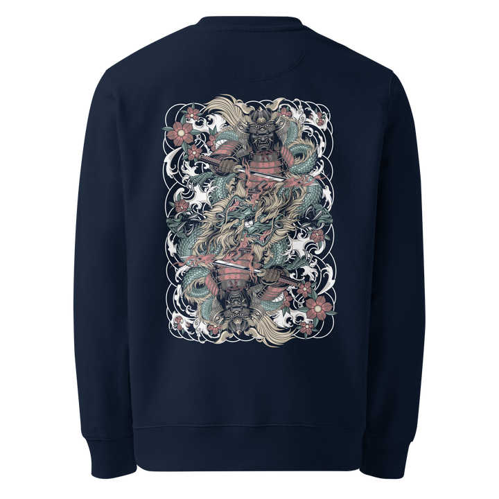 French Navy Clouded Ronin Card Shaper Graphic Sweatshirt featuring a bold back print of samurai and dragon, Japanese streetwear.