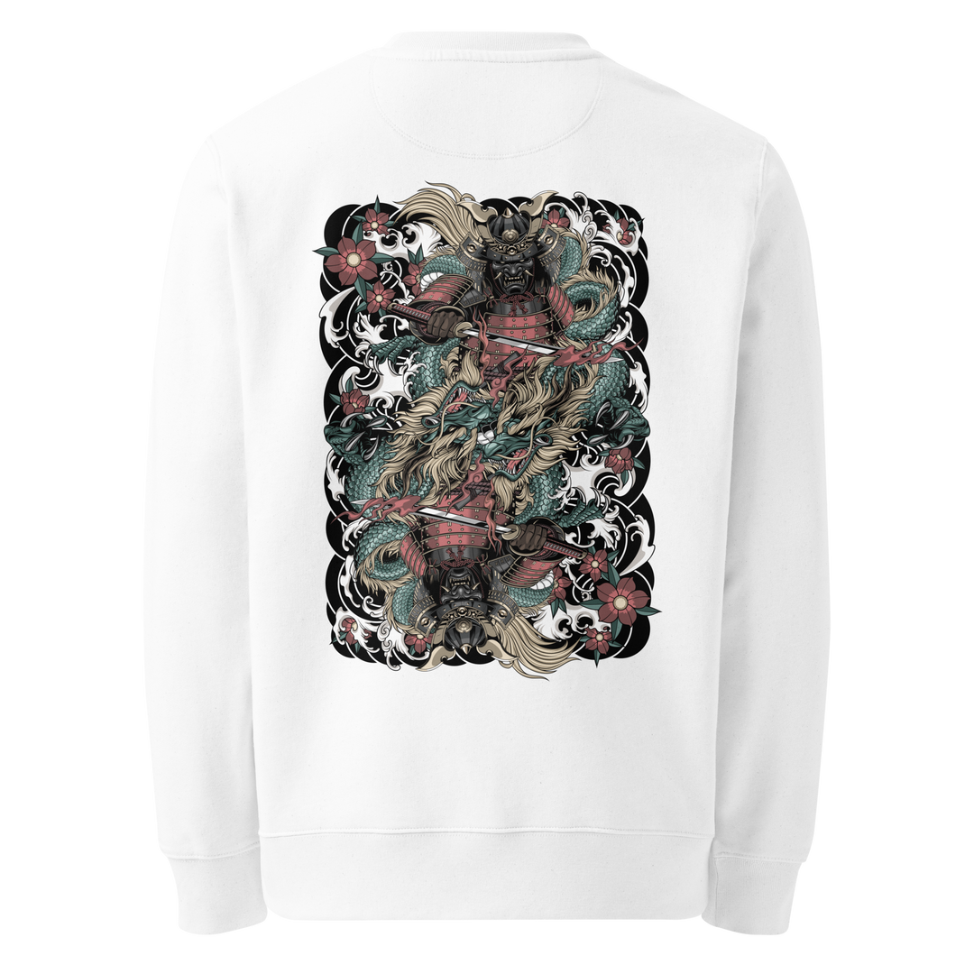 White Clouded Ronin Card Shaper Graphic Sweatshirt showcasing a large samurai and dragon back print, inspired by traditional Japanese art.