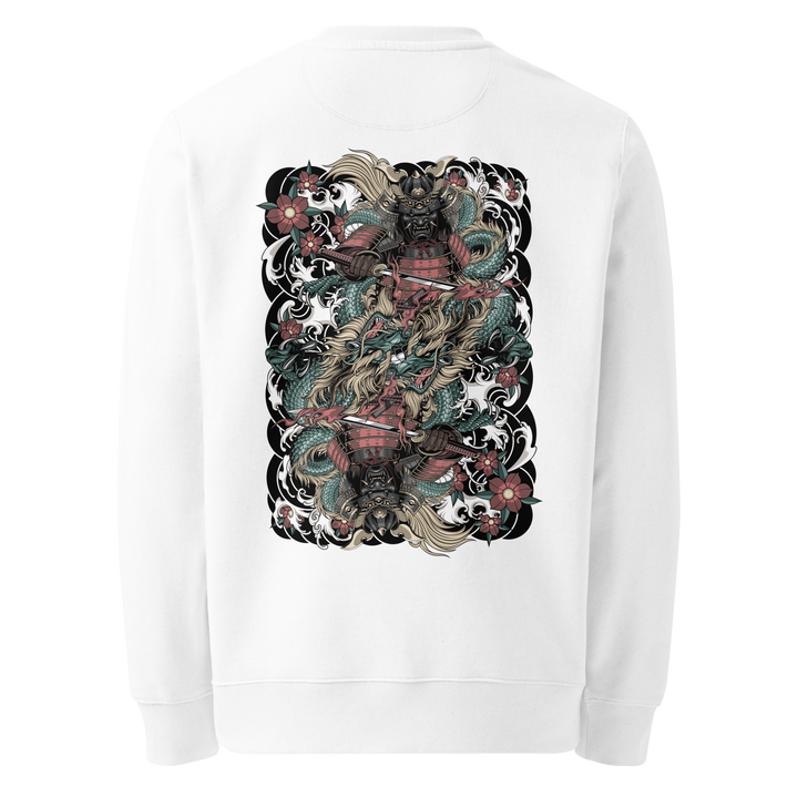 White Clouded Ronin Card Shaper Graphic Sweatshirt showcasing a large samurai and dragon back print, inspired by traditional Japanese art.