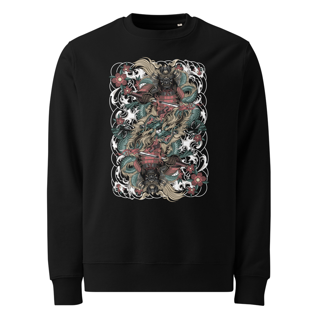 Clouded Ronin Card Shaper Graphic Sweatshirt in Black featuring a mirrored samurai and dragon design surrounded by clouds