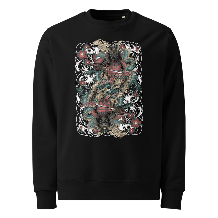 Clouded Ronin Card Shaper Graphic Sweatshirt in Black featuring a mirrored samurai and dragon design surrounded by clouds