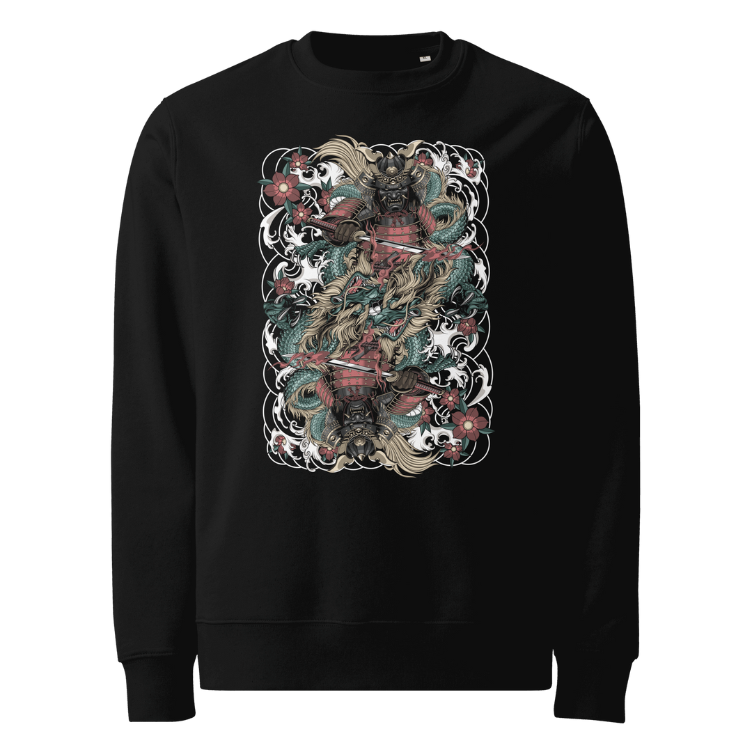 Clouded Ronin Card Shaper Graphic Sweatshirt in Black featuring a mirrored samurai and dragon design surrounded by clouds