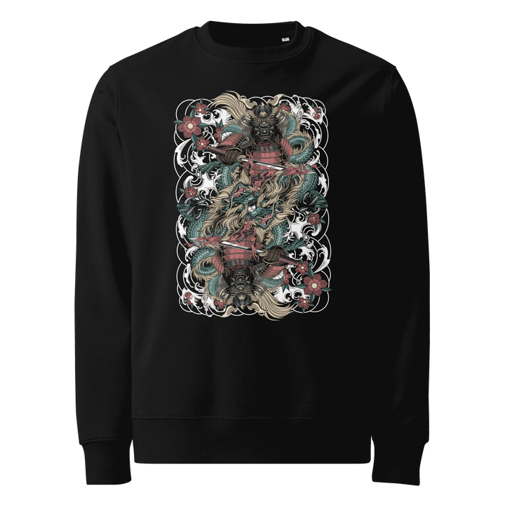 Clouded Ronin Card Shaper Graphic Sweatshirt in Black featuring a mirrored samurai and dragon design surrounded by clouds