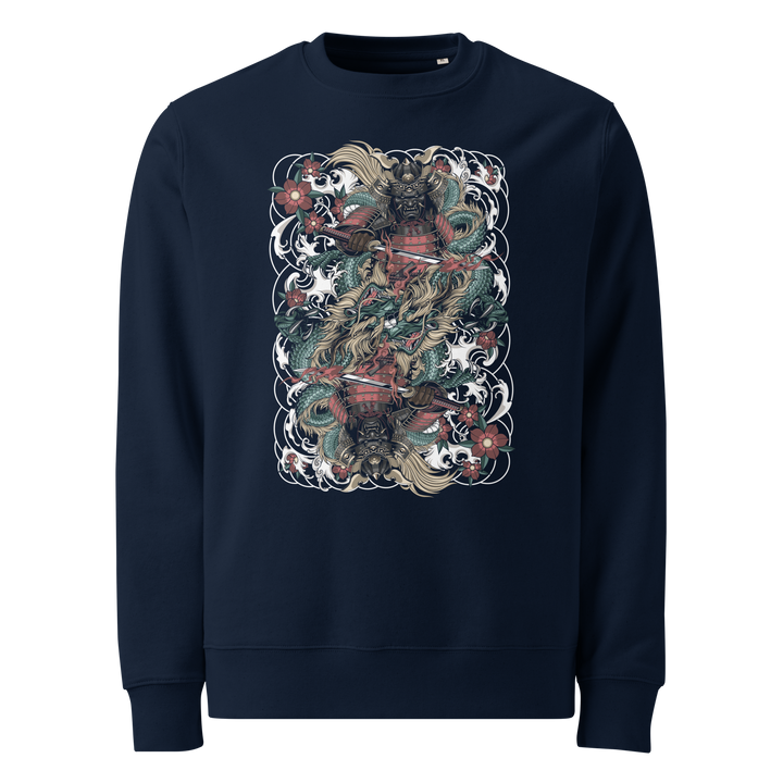 Clouded Ronin Card Shaper Graphic Sweatshirt in French Navy with a mirrored samurai and dragon design surrounded by clouds