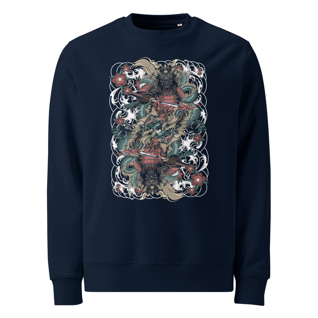 Clouded Ronin Card Shaper Graphic Sweatshirt in French Navy with a mirrored samurai and dragon design surrounded by clouds