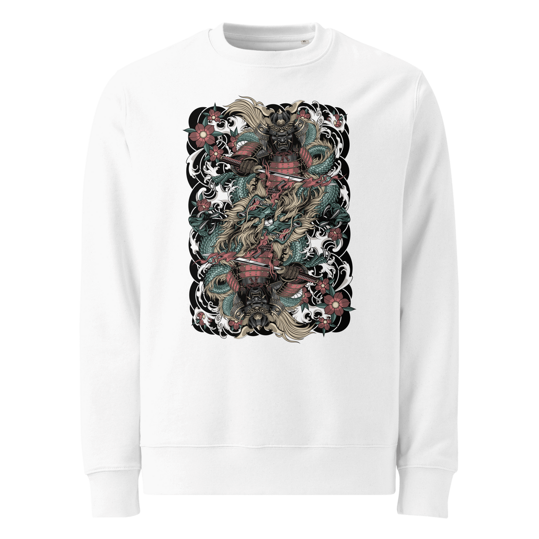 Clouded Ronin Card Shaper Graphic Sweatshirt in White showing a mirrored samurai and dragon design surrounded by clouds