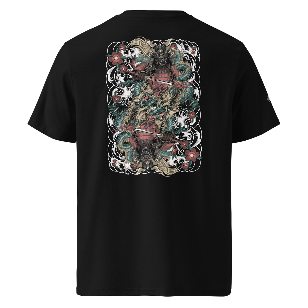 Clouded Ronin Card Shaper Graphic Tee in Black with back print of a samurai and dragon, designed like playing card art, surrounded by clouds.