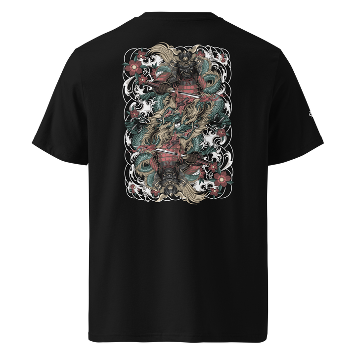 Clouded Ronin Card Shaper Graphic Tee in Black with back print of a samurai and dragon, designed like playing card art, surrounded by clouds.