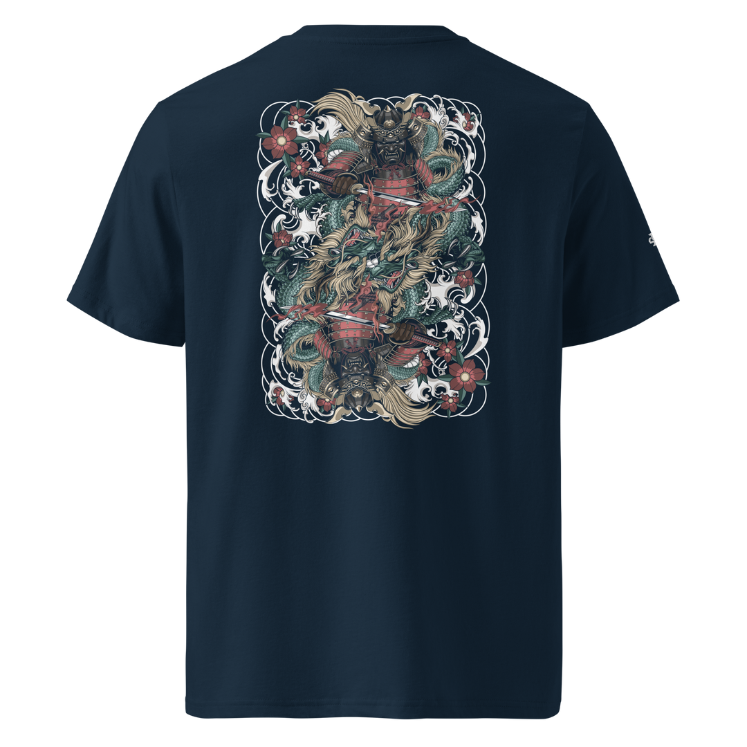 Clouded Ronin Card Shaper Graphic Tee in French Navy with back print of a samurai and dragon, designed like playing card art, surrounded by clouds.