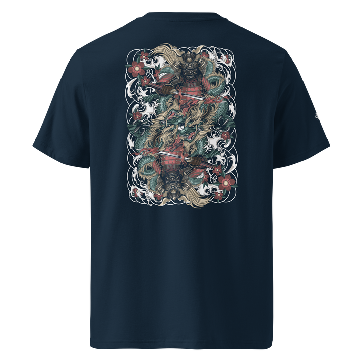 Clouded Ronin Card Shaper Graphic Tee in French Navy with back print of a samurai and dragon, designed like playing card art, surrounded by clouds.