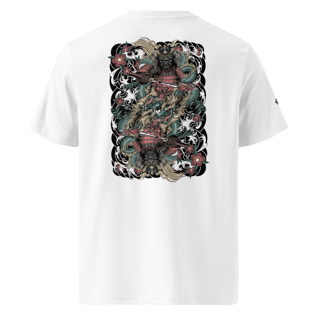 Clouded Ronin Card Shaper Graphic Tee in White with back print of a samurai and dragon, designed like playing card art, surrounded by clouds.