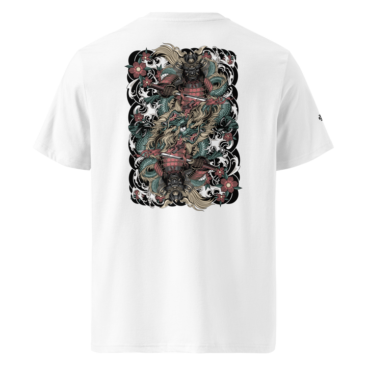 Clouded Ronin Card Shaper Graphic Tee in White with back print of a samurai and dragon, designed like playing card art, surrounded by clouds.