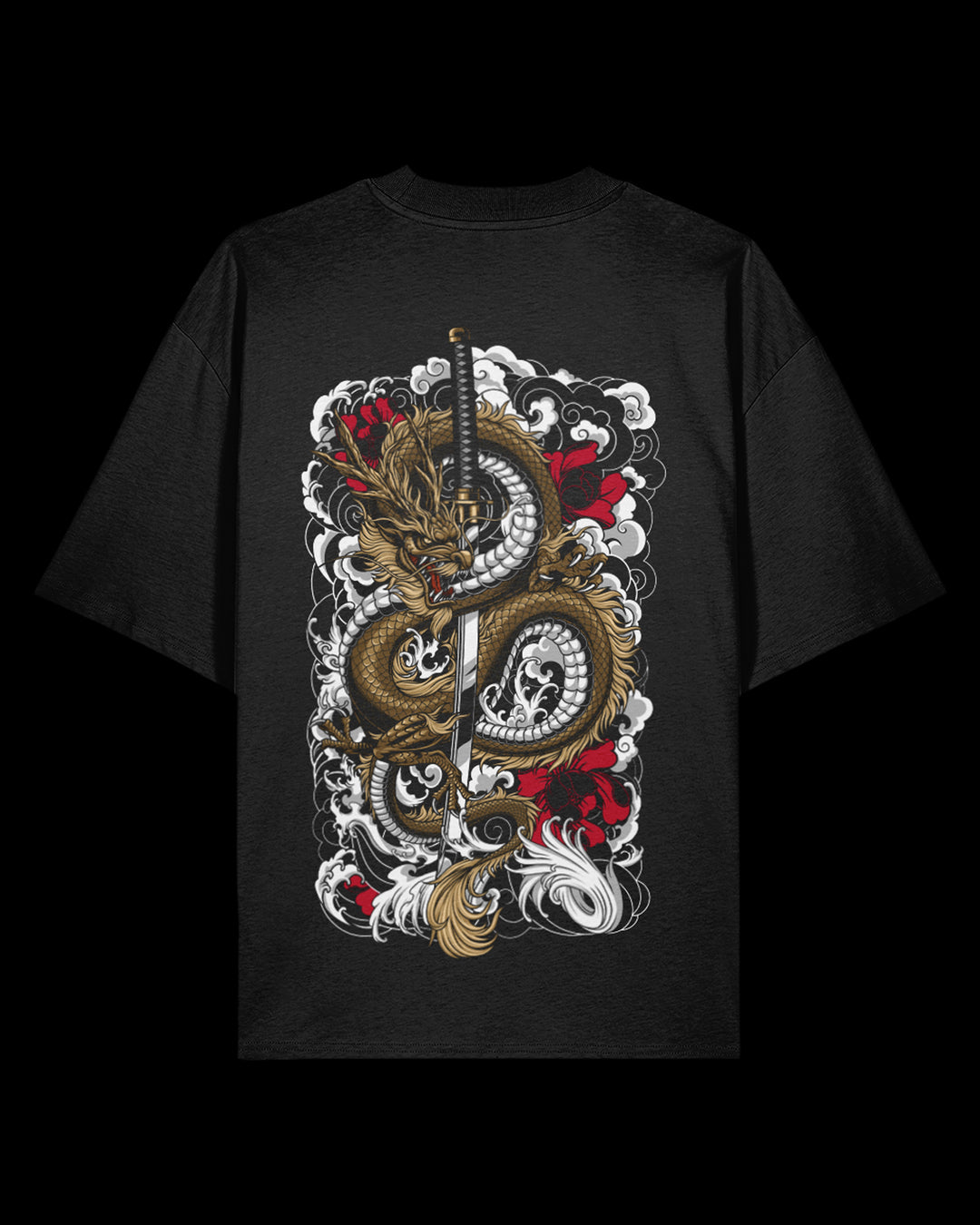 Black t-shirt with a dragon and sword design on a black background
