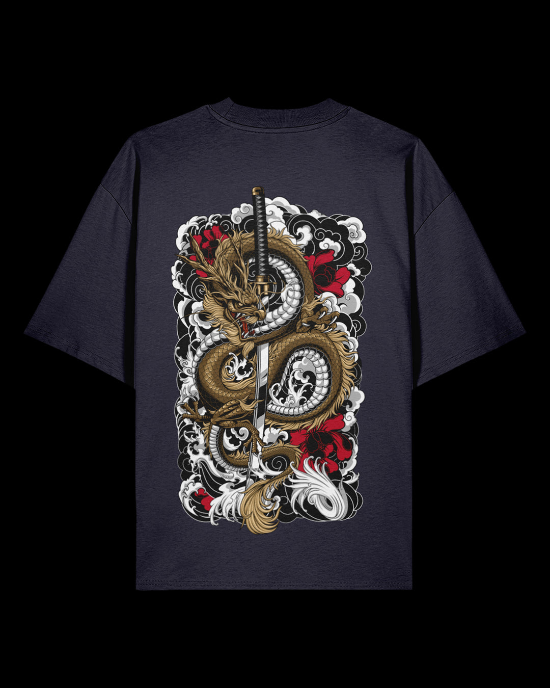 Navy blue t-shirt with a dragon and sword design on a black background