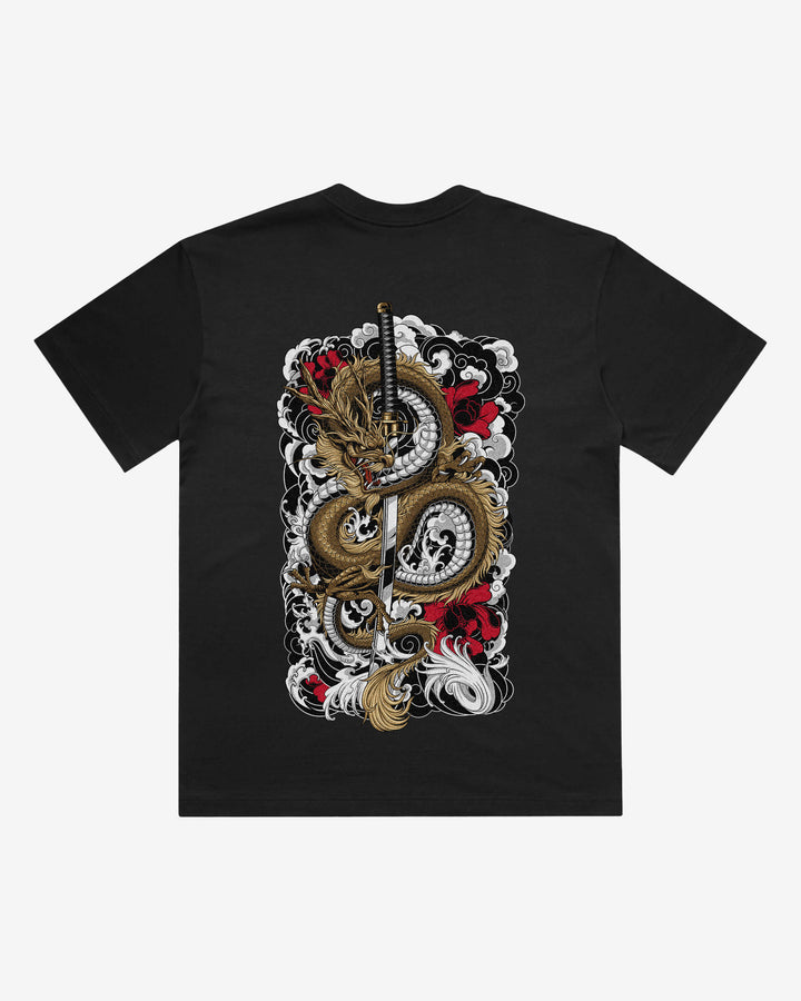 Clouded Dragon Japanese tattoo-inspired graphic back print on a black 240 GSM heavyweight boxy T-shirt