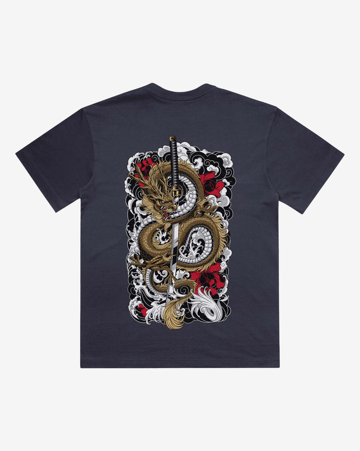 Clouded Dragon Japanese tattoo-inspired graphic back print on a ink blue 240 GSM heavyweight boxy T-shirt