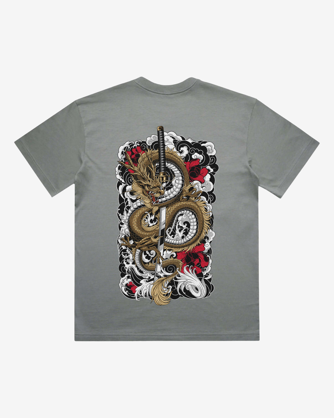 Clouded Dragon Japanese tattoo-inspired graphic back print on a shadow 240 GSM heavyweight boxy T-shirt