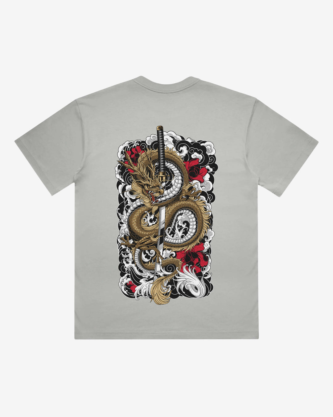 Clouded Dragon Japanese tattoo-inspired graphic back print on a storm 240 GSM heavyweight boxy T-shirt