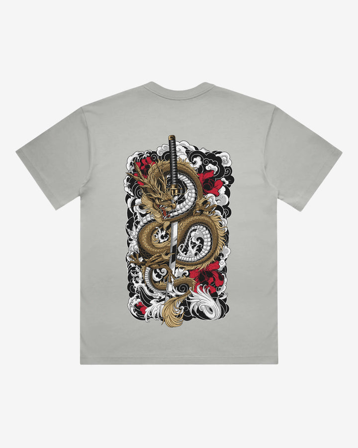 Clouded Dragon Japanese tattoo-inspired graphic back print on a storm 240 GSM heavyweight boxy T-shirt