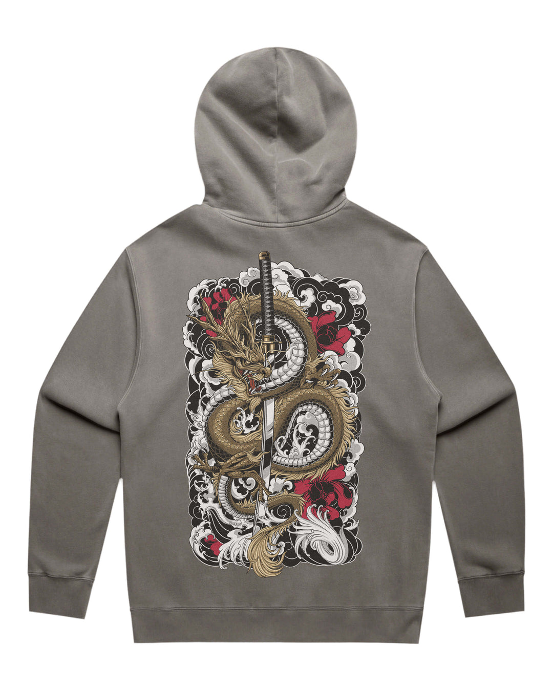 A faded gray pullover hoodie shown from the back, featuring a large graphic print of a Japanese-style dragon wrapped around a vertical sword with red and white cloud-like details.