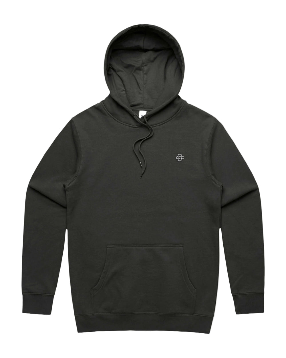 Coal hoodie with a small logo on a white background