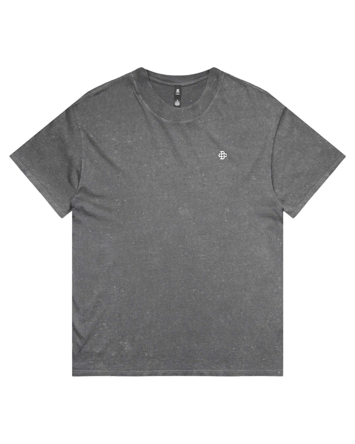 A dark stone wash coal crewneck t-shirt with a small white geometric logo on the left chest.