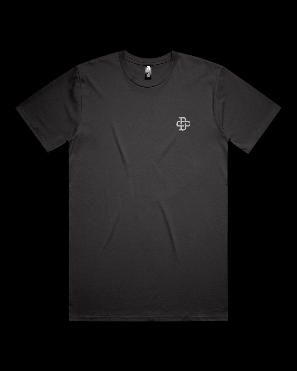 coal t-shirt with a white embroidered monogram logo on left chest 
