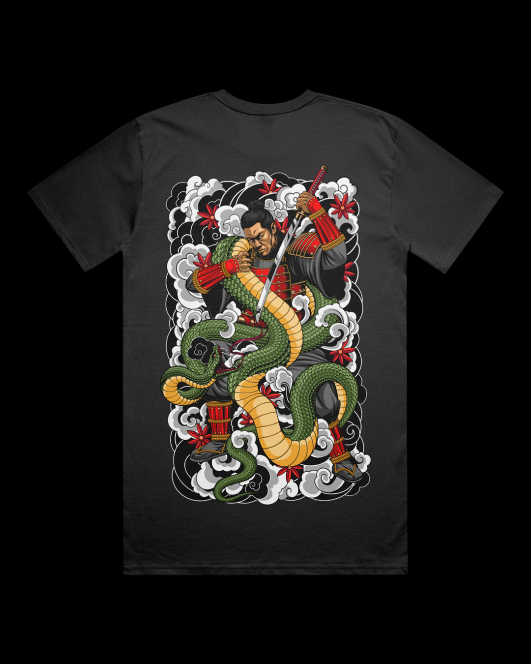 Graphic T-shirt featuring Japanese Irezumi-style artwork of samurai warrior