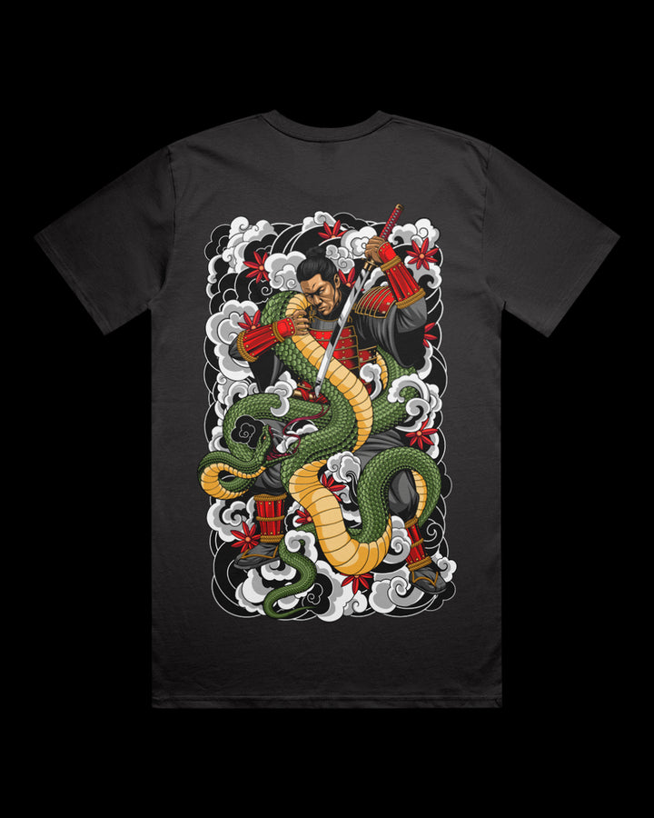 Graphic T-shirt featuring Japanese Irezumi-style artwork of samurai warrior