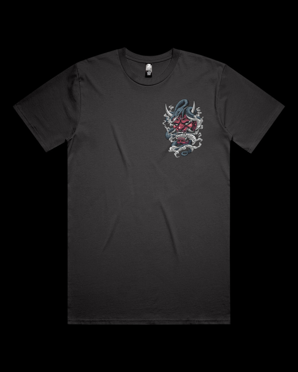 Graphic T-shirt featuring Japanese red oni mask Irezumi-style artwork