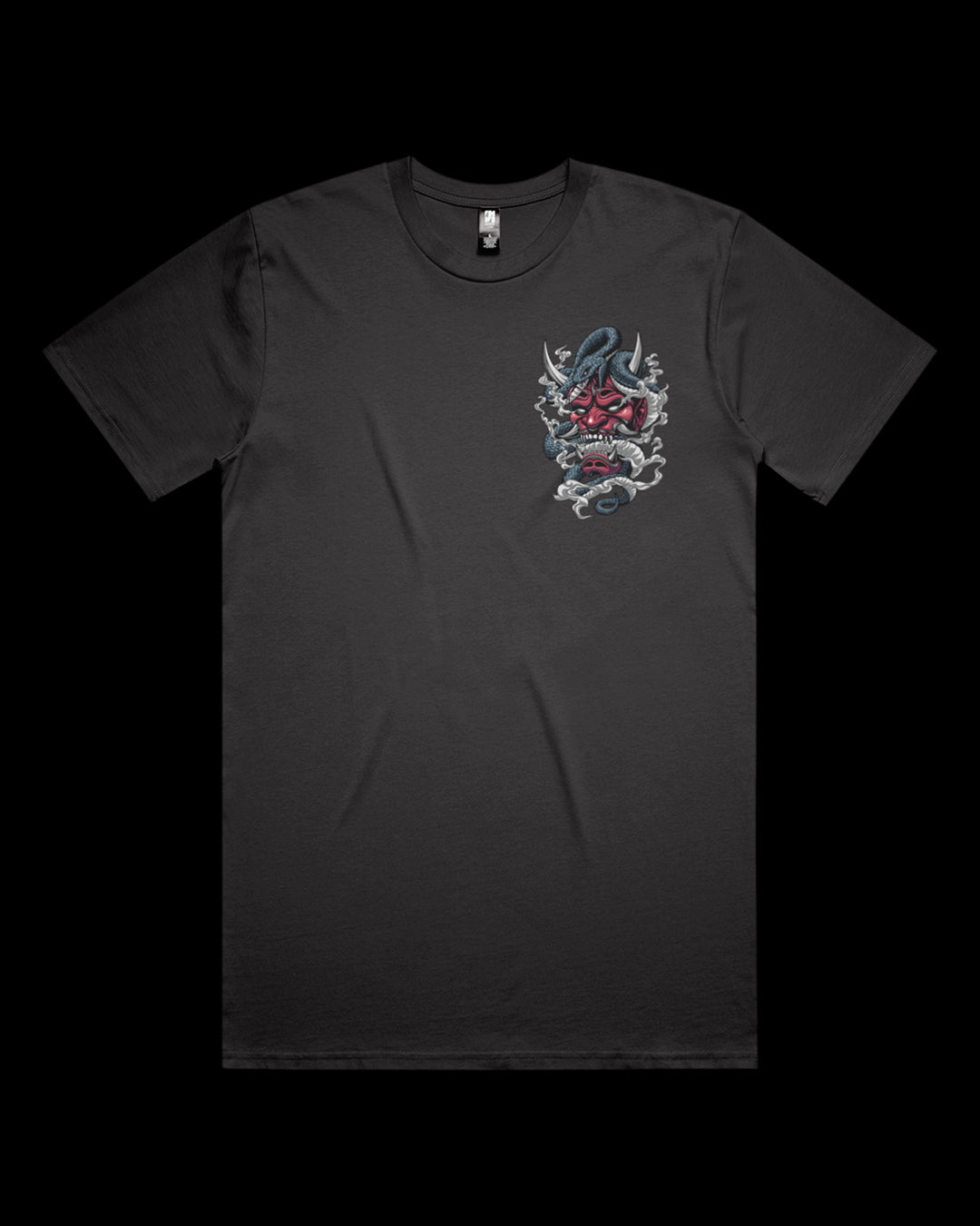 Graphic T-shirt featuring Japanese red oni mask Irezumi-style artwork