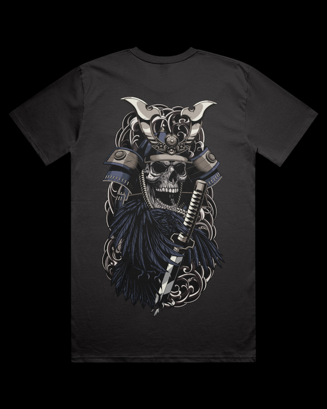 Coal t-shirt with a skull wearing a samurai armor and raven on the back