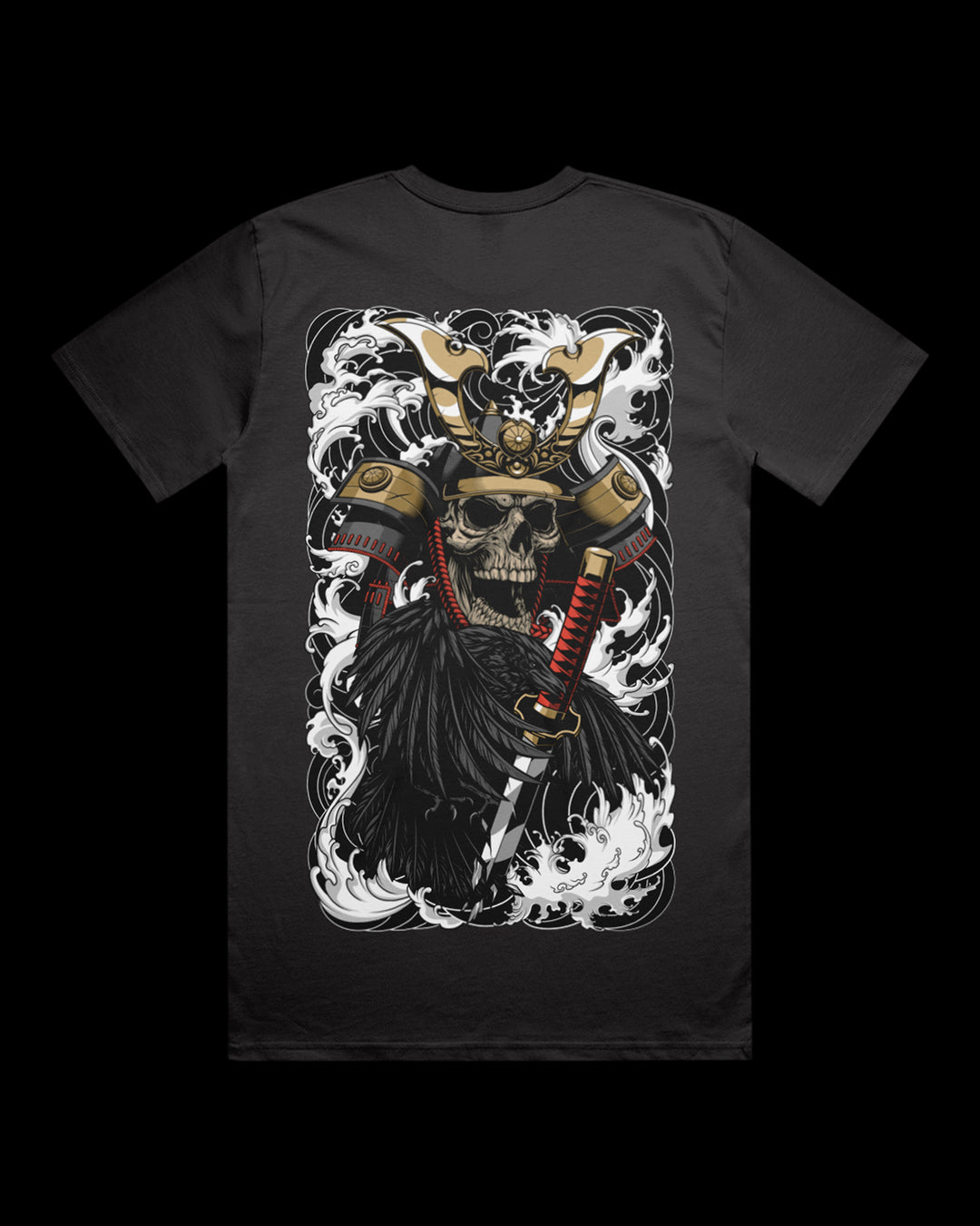 Coal t-shirt with a graphic design of a skull in a samurai helmet irezumi inspired.