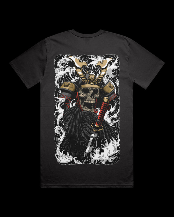 Coal t-shirt with a graphic design of a skull in a samurai helmet irezumi inspired.