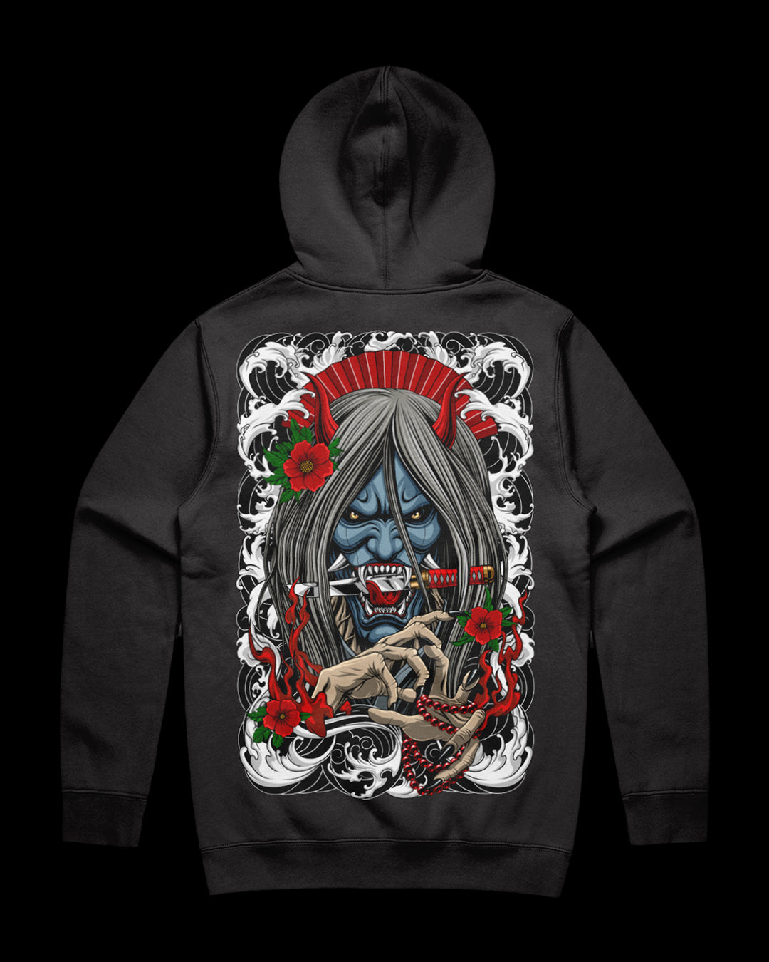 Coal hoodie with a detailed hannya graphic design on the back