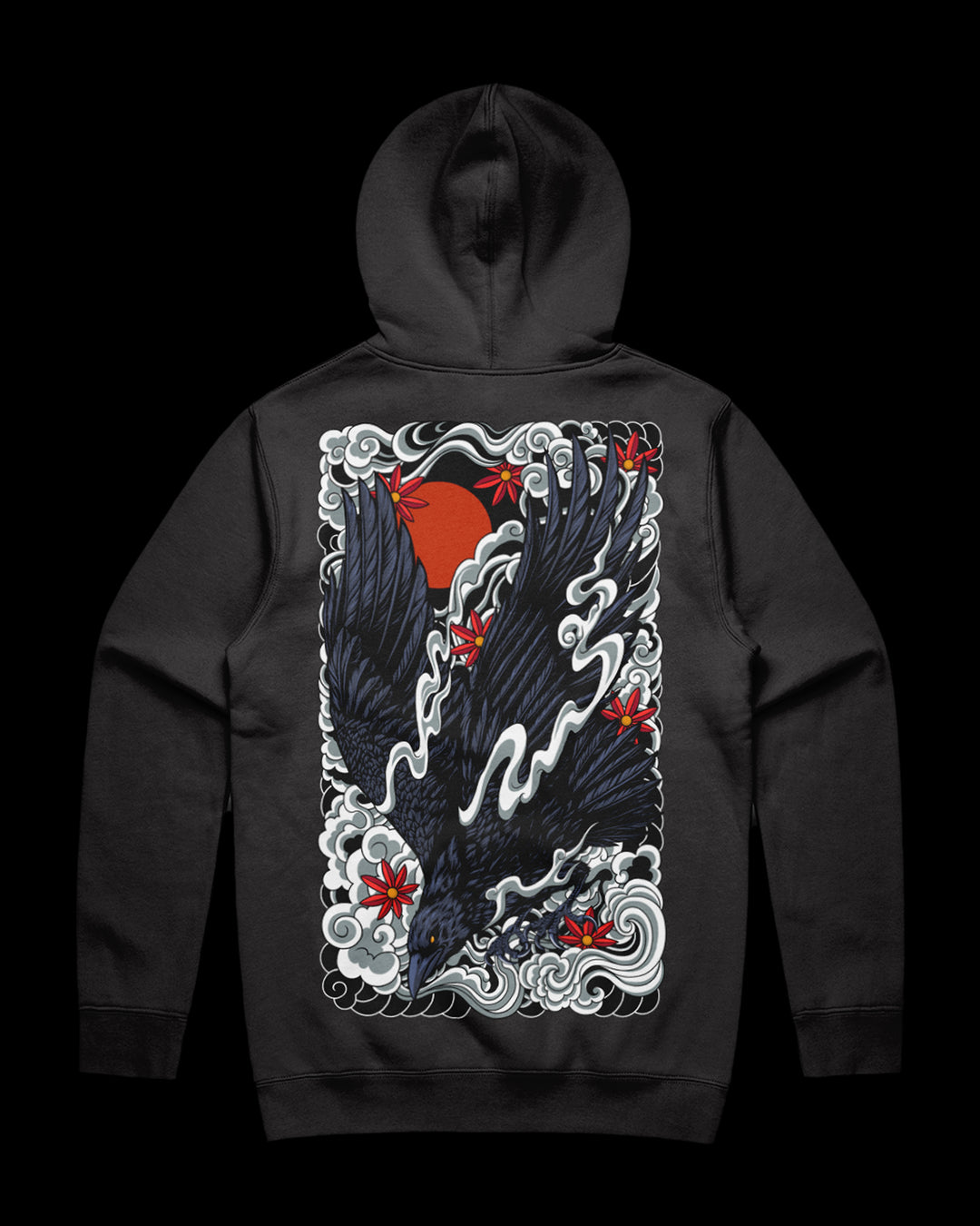 Coal hoodie with a detailed irezumi raven graphic design print on the back.