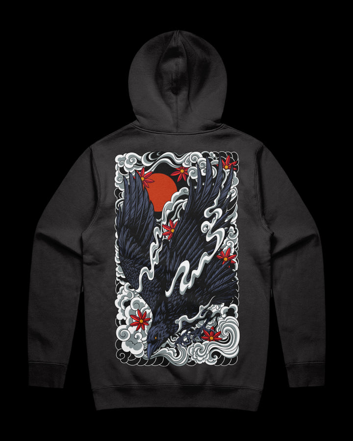 Coal hoodie with a detailed irezumi raven graphic design print on the back.