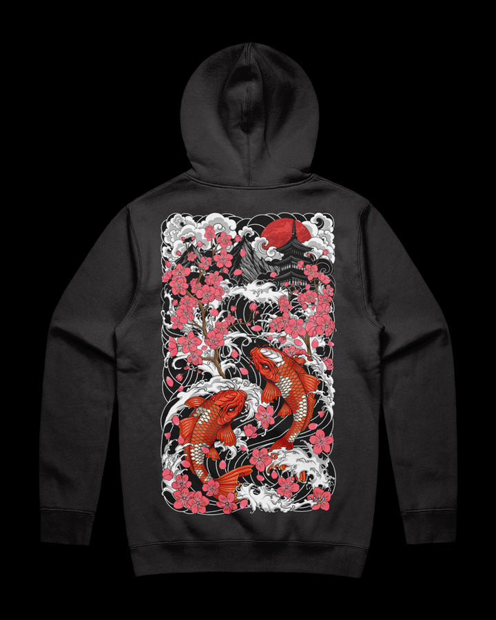 Coal hoodie with a colorful Koi fish and cherry blossom design on the back