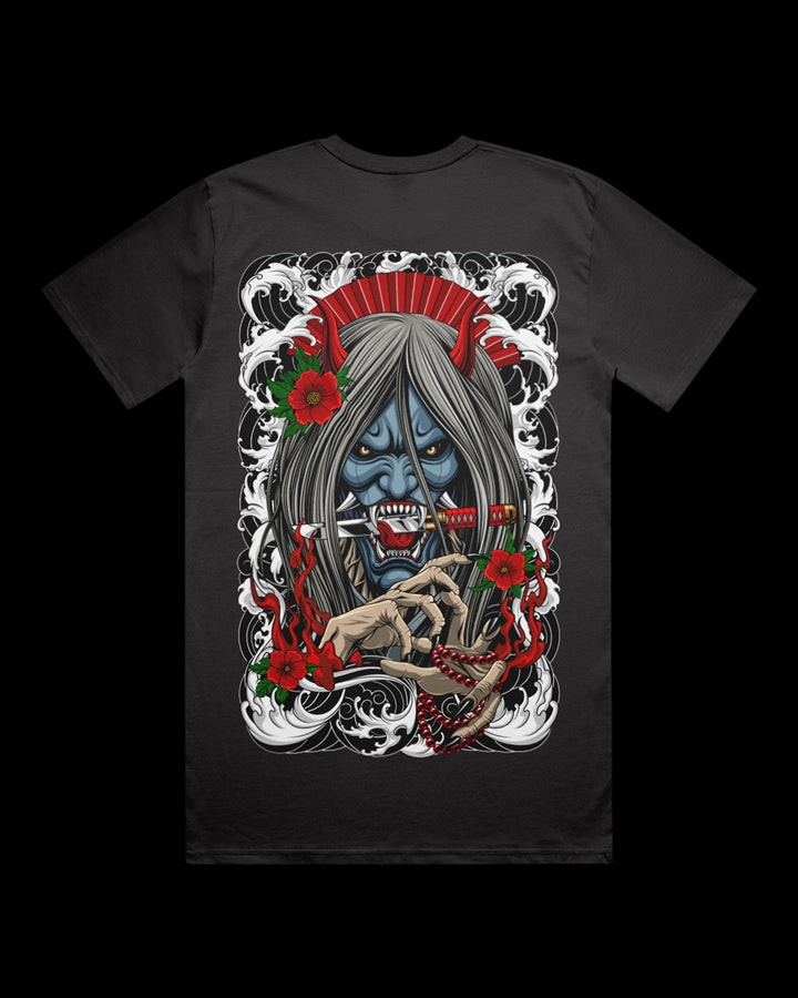 coal tee with large hannya graphic on the back