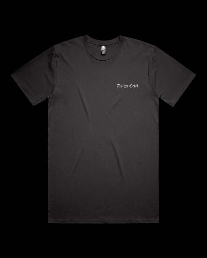 coal t-shirt with a small white logo on a black background