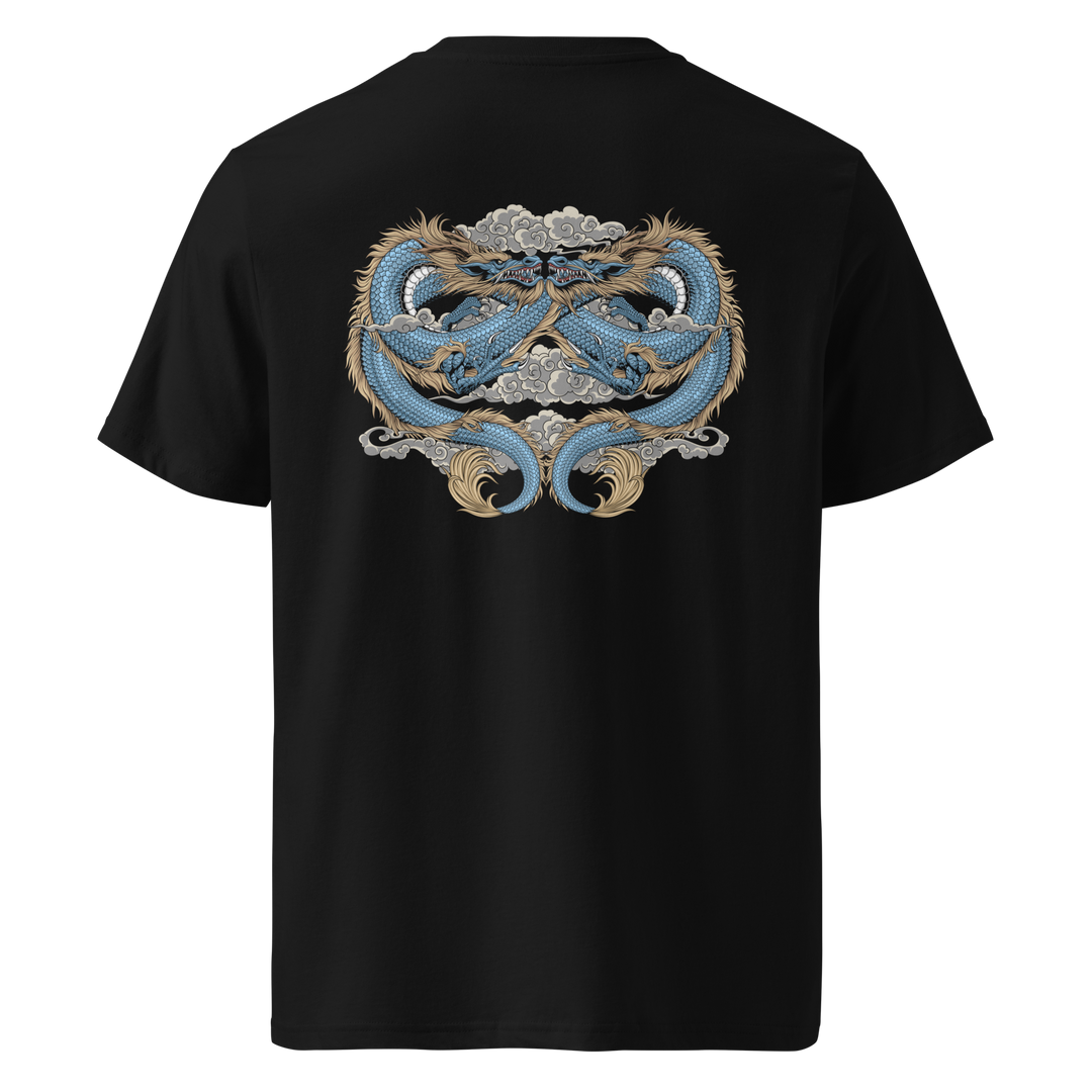 A black t-shirt featuring an intricate back print of two entwined blue dragons surrounded by swirling clouds, inspired by traditional Eastern art.