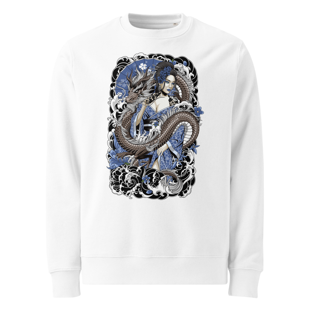 A white sweatshirt with a vibrant Cobalt Geisha design, featuring a cobalt-clad geisha intertwined with a bronze dragon in Japanese Irezumi tattoo style.