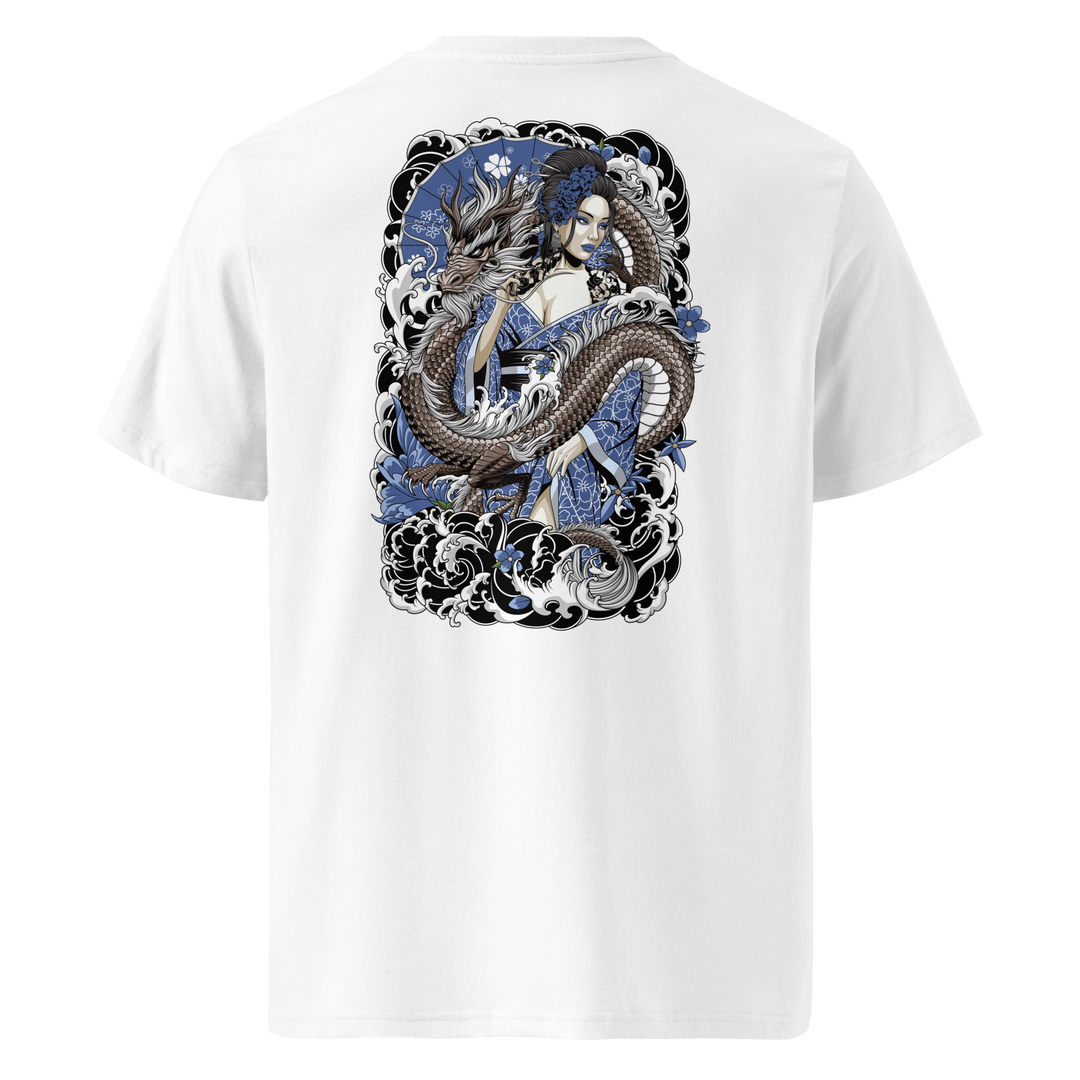 A white t-shirt featuring a detailed back print of a bronze dragon entwined with a Geisha in a cobalt blue kimono, surrounded by waves and floral motifs inspired by Japanese tattoo art.