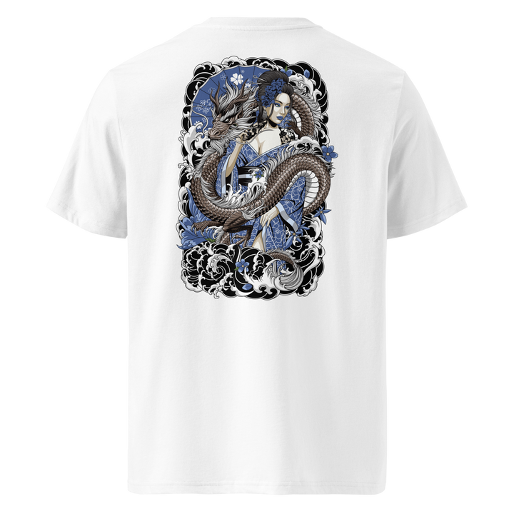 A white t-shirt featuring a detailed back print of a bronze dragon entwined with a Geisha in a cobalt blue kimono, surrounded by waves and floral motifs inspired by Japanese tattoo art.