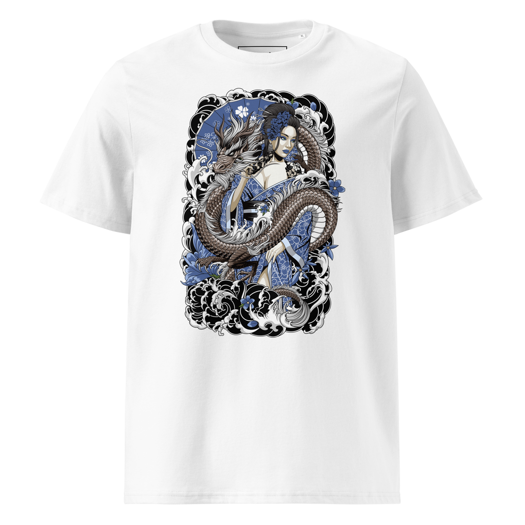 Cobalt Geisha front print on a white t-shirt, showcasing a geisha entwined with a cobalt-toned dragon surrounded by intricate waves and floral details.