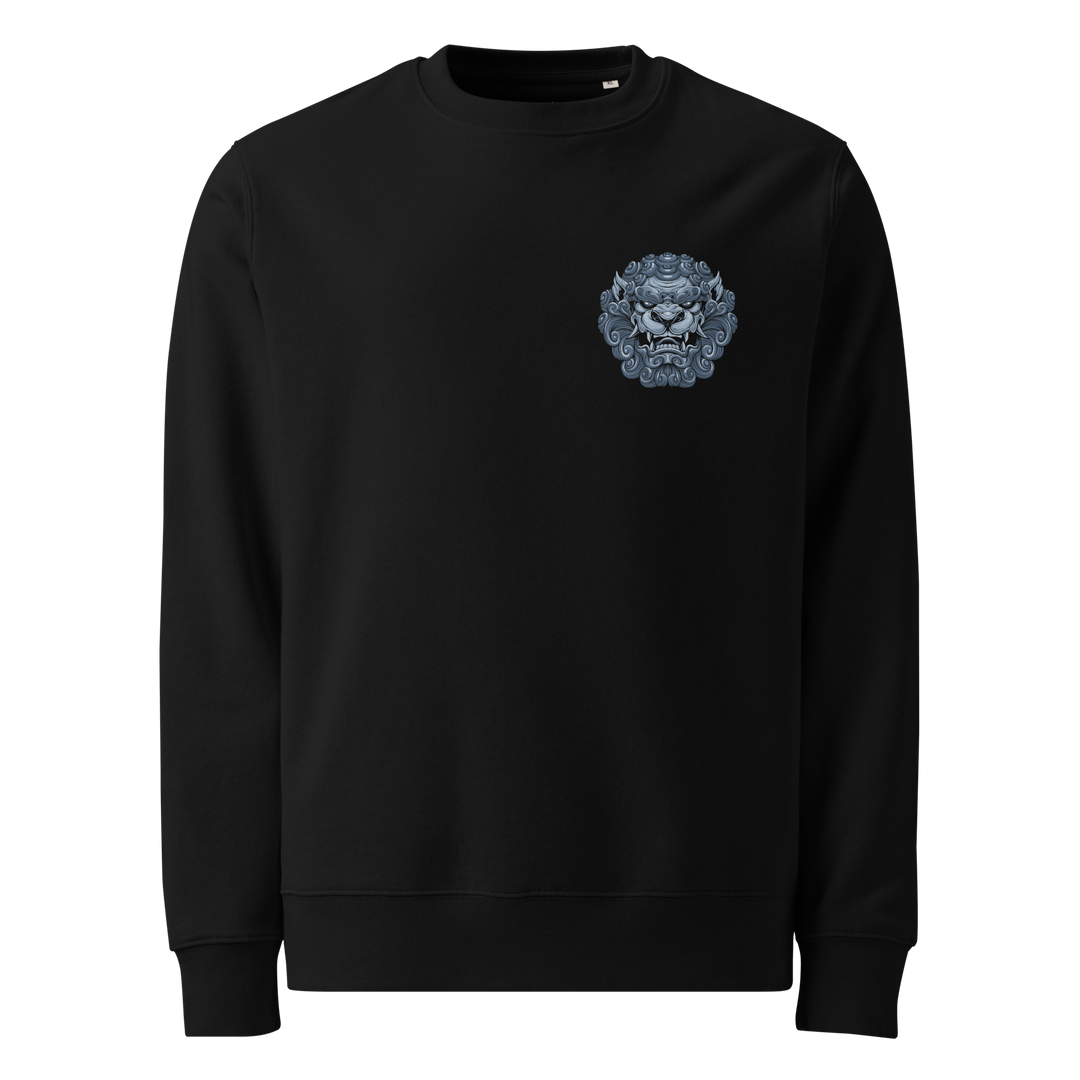 Cobalt Komainu Sweatshirt – Left chest print featuring a detailed cobalt blue guardian lion-dog head on a black sweatshirt.