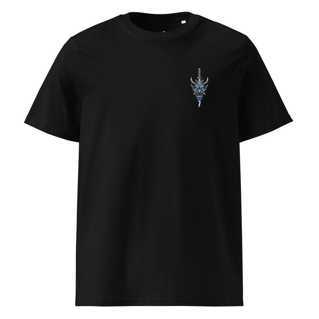 A premium black t-shirt featuring a cobalt blue Oni mask with horns and a blade piercing through it, positioned on the left chest.