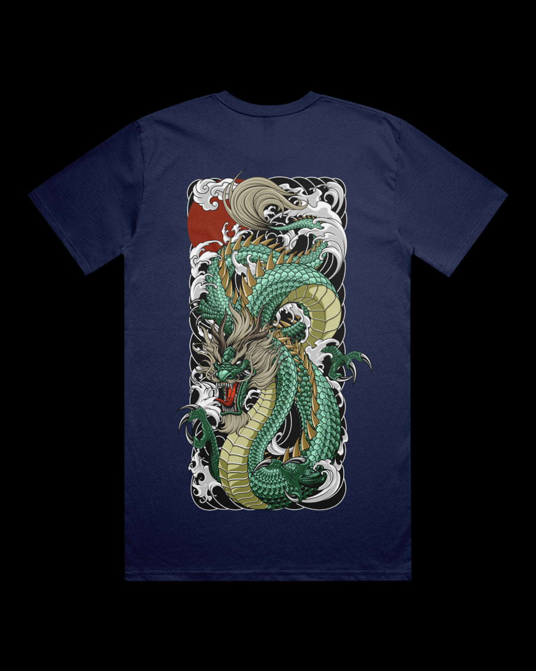 Graphic T-shirt featuring Japanese Irezumi-style green Dragon artwork.